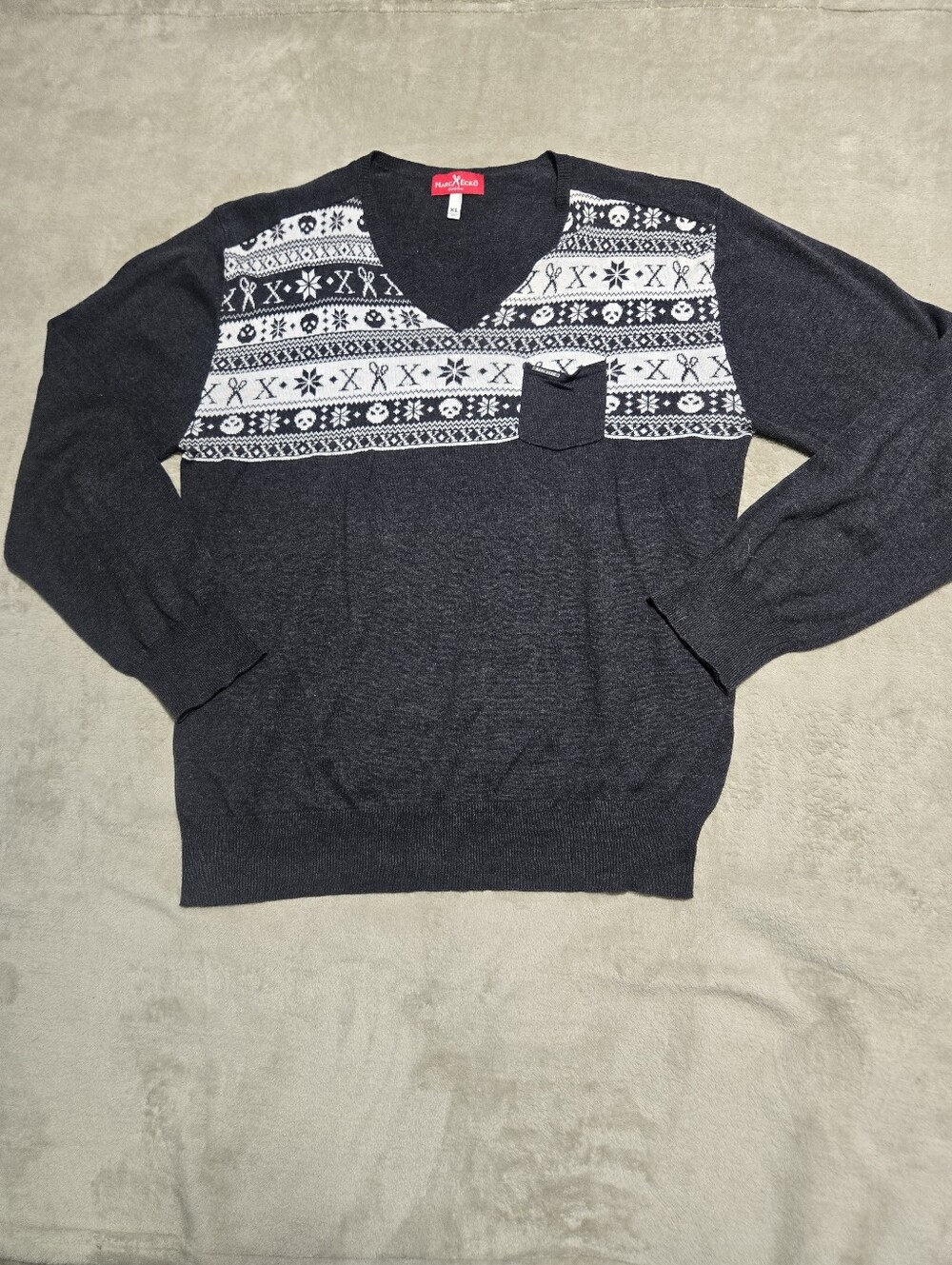 Marc Ecko Cut & Sew Fair Isle Skull And Scissors Design Mens Size XL V-Neck